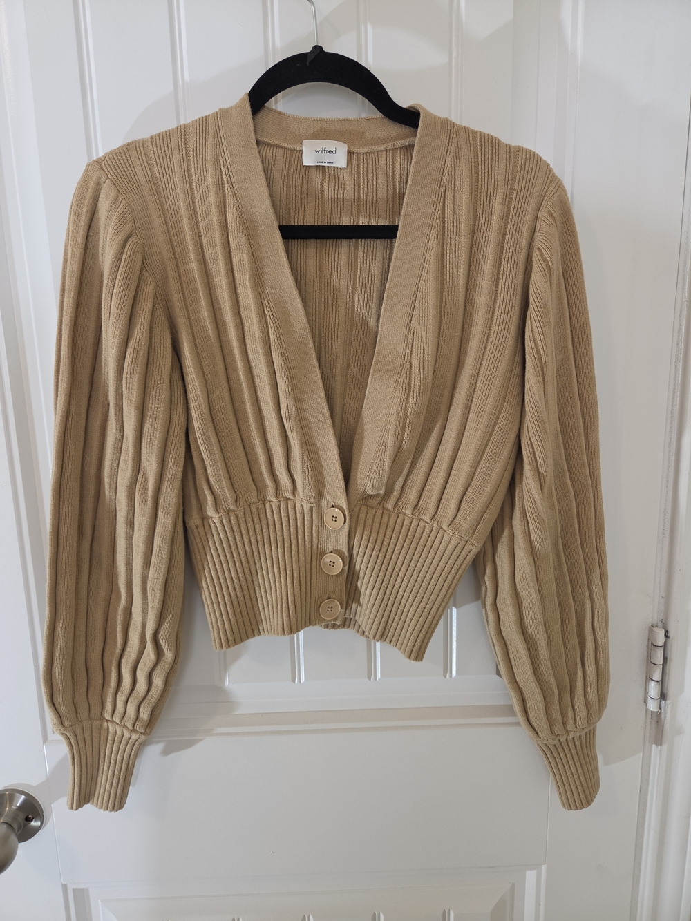 Aritzia Wilfred Plunge Front Cardigan Tan Merino Wool Blend Size L - Picture 2 of 10